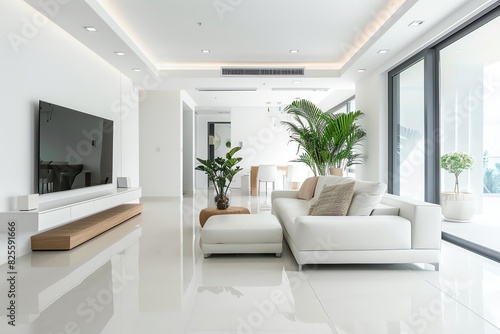 Modern living room with white furniture, large windows, indoor plants, and sleek minimalistic design, showcasing luxury and comfort.