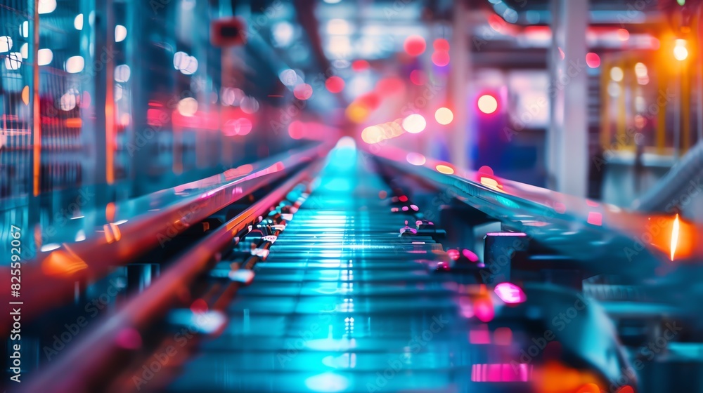 Factory conveyor belt close up, focus on, copy space, vibrant colors, double exposure silhouette with manufacturing Factory conveyor belt close up, focus on, copy space, vibrant colors, double exposure silhouette with manufacturing