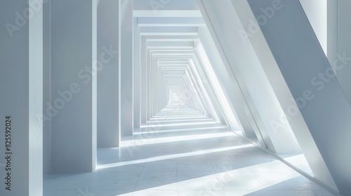 Futuristic white corridor with geometric design and light patterns creating an endless perspective. Background with copy space.