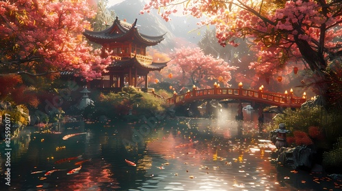 A tranquil Japanese garden with a koi pond  ornate bridges  and cherry blossom trees in full bloom.