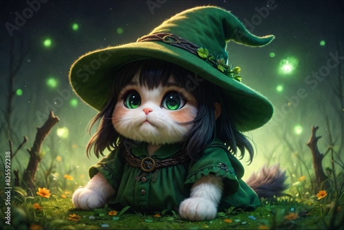 A giant, fluffy fat cat with green eyes, a double braid, and black hair.