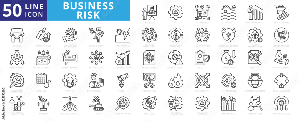 Business risk icon set with marketing, floods, inadequate profits, raw materials, strikes, prices and loss of assets Business risk icon set with marketing, floods, inadequate profits, raw materials, strikes, prices and loss of assets