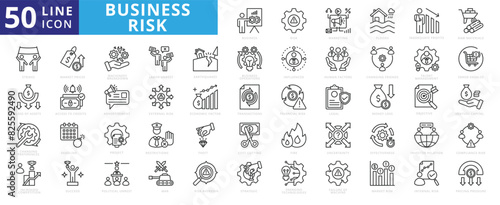 Business risk icon set with marketing, floods, inadequate profits, raw materials, strikes, prices and loss of assets