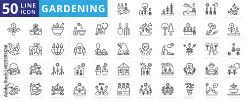 Gardening icon set with growing, cultivating, horticultural, ornamental plants, flowers, foliage, vegetables and eat.