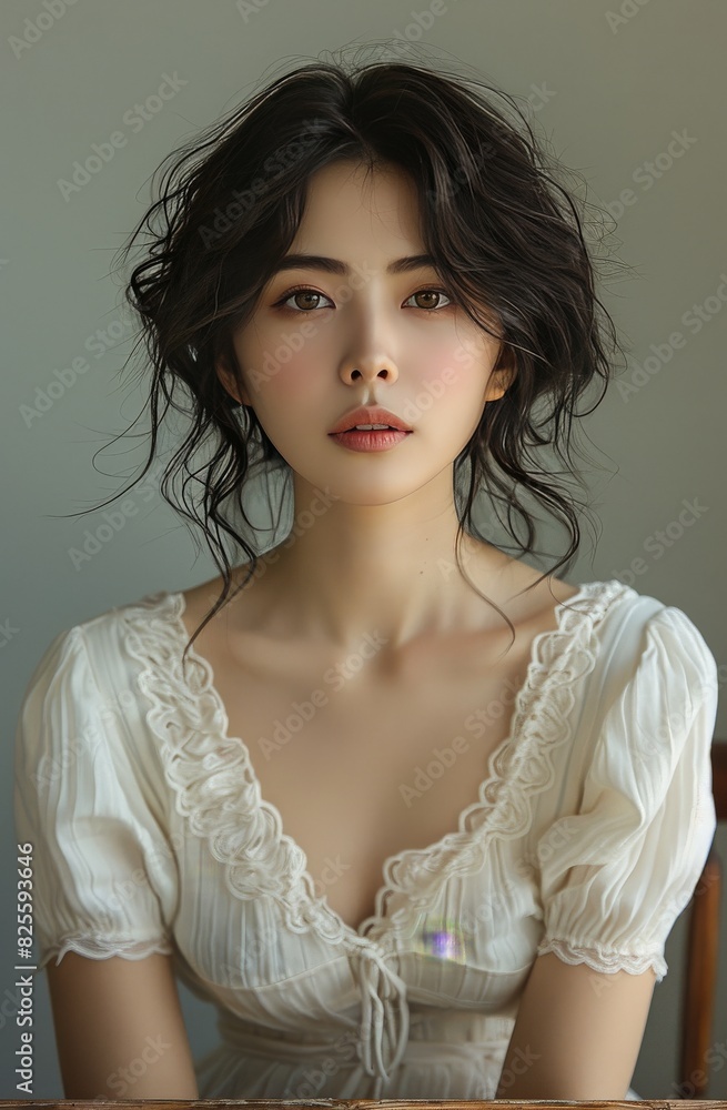 Asian woman skin care model on blue background.