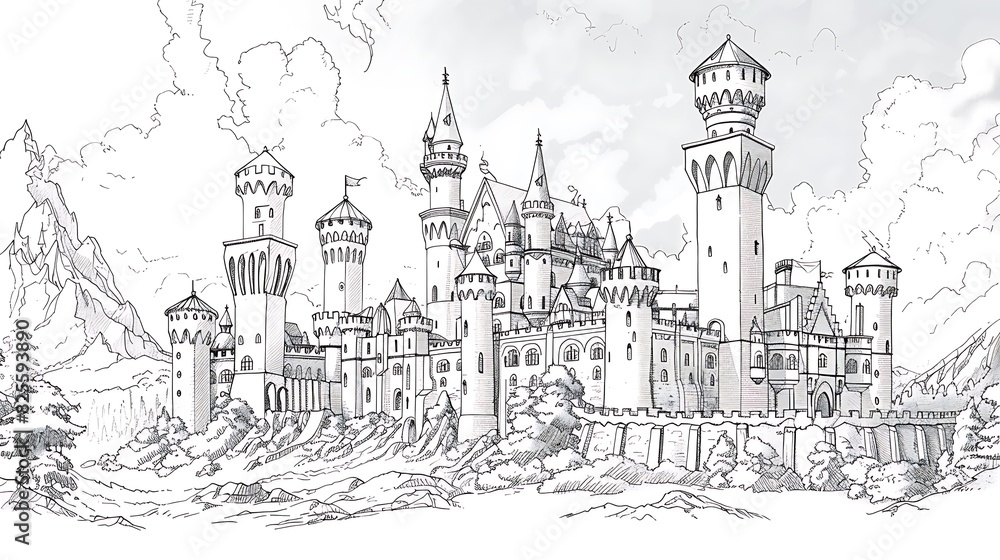 Obraz premium architecture, sketch, drawing, building, castle, vector, church, city, illustration, house, old, tower, town, vintage, art, medieval, europe, travel, paris, design, home, street, landscape, cathedral,