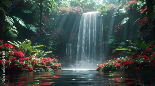 A tropical rainforest with dense foliage  exotic flowers  and a waterfall flowing into a hidden pool.
