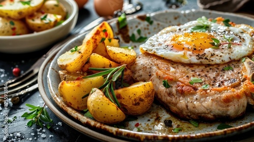 Plate with prepared food pork chop with potatoes and fried egg photo