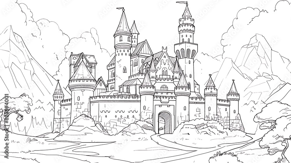 Fototapeta premium architecture, sketch, drawing, building, castle, vector, church, city, illustration, house, old, tower, town, vintage, art, medieval, europe, travel, paris, design, home, street, landscape, cathedral,