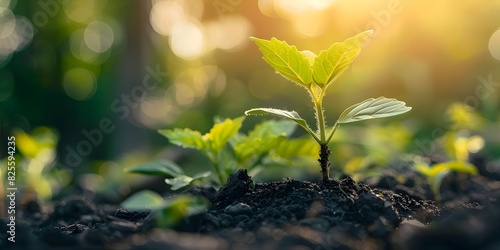 Young plant growing in soil with fresh green leaves and soft sunlight background  symbolizing growth and nature