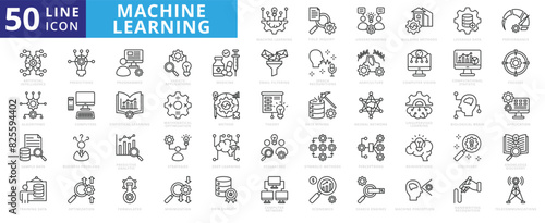 Machine Learning icon set with field inquiry, understanding, building methods, leverage data and performance.