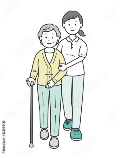 歩行器の高齢女性と高齢男性介助ををする人物イラスト