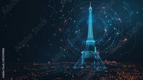 Digital Eiffel Tower with Futuristic Networks, Blue Hues, Paris, Night Scene, Neon Lights, Connectivity, Modern Art, Detailed. Background with copy space.