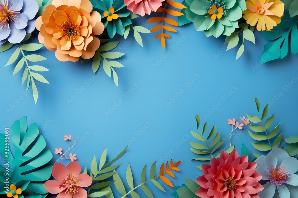 Fototapeta premium Vibrant Paper Flowers and Leaves on Blue Background, Close-Up