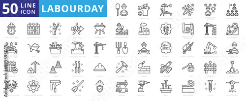 Labour day icon set with annual holiday, celebrate, achievement workers, union, international workers day, calendar and international.