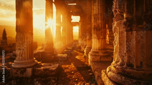 Ancient ruins at sunset, golden light illuminating weathered columns and arches, dramatic and serene scene, highdefinition historical landscape photography, Close up