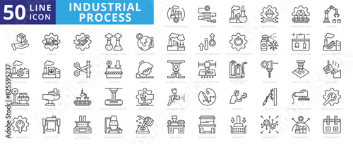 Industrial process icon set with procedures, chemical, mechanical, manufacturing, physical, item, electrical and large scale.