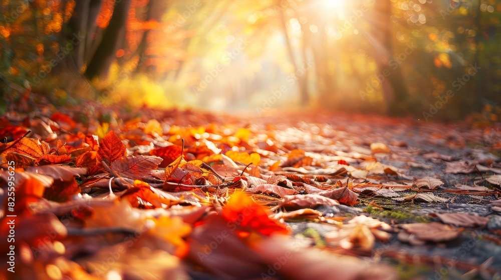 Autumn leaves in vibrant shades of red, orange, and yellow, scattered on a forest trail, soft sunlight filtering through the trees, highresolution nature photography, Close up