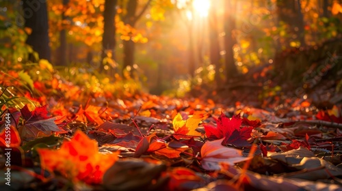 Wallpaper Mural Autumn leaves in vibrant shades of red, orange, and yellow, scattered on a forest trail, soft sunlight filtering through the trees, highresolution nature photography, Close up Torontodigital.ca