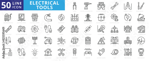 Electrical Tools icon set with screwdrivers, voltage indicator, wrench, current clamps, screwdriver and welding machine.