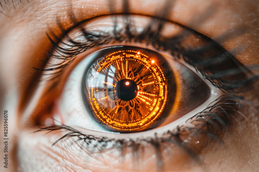 Close up of a brown eye with dynamic orange mechanical details, illustrating the intricate interface of human and machine intelligence