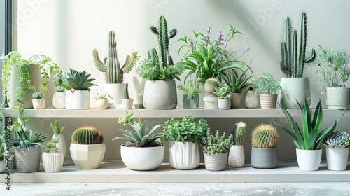 Stylish composition of home garden interior filled a lot of beautiful plants, cacti, succulents, air plant in different design pots. Home gardening concept Home jungle. Copy spcae. Template photo