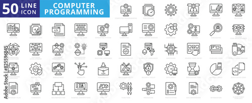Computer Programming icon set with performing, cpu, computing, designing, building, analysis and generating algorithms.