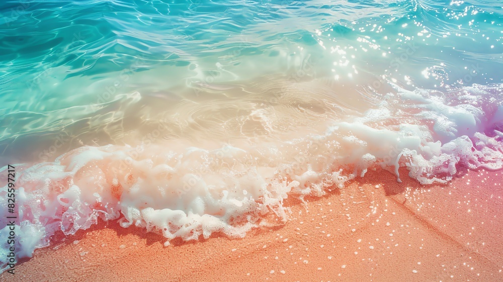 Fototapeta premium Sandy beach and sea close up, focus on, copy space, vibrant colors, double exposure silhouette with relaxation