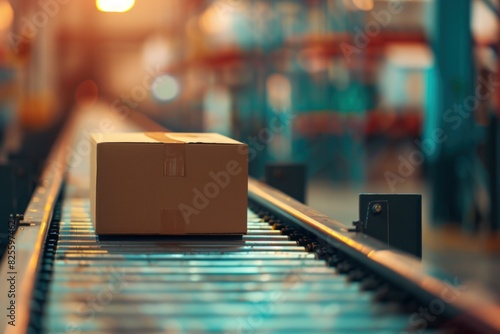 Photo of a cardboard box on a conveyor belt in a warehouse.