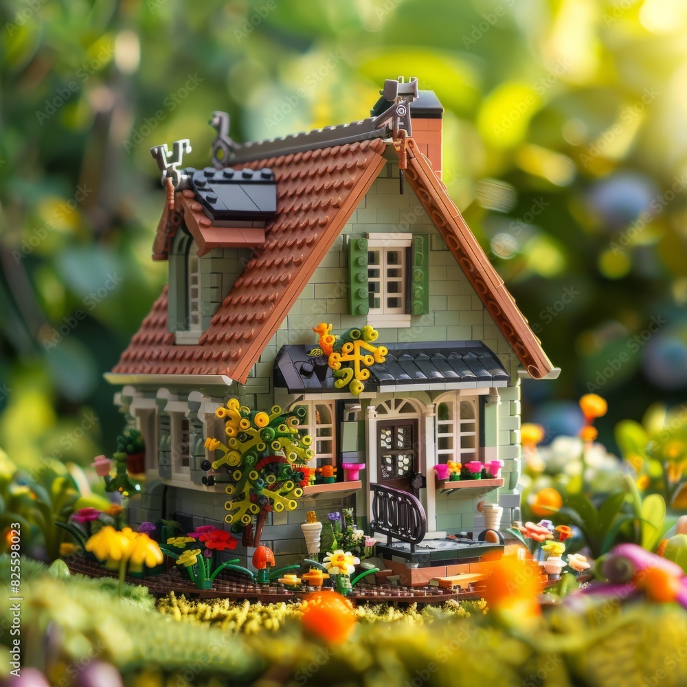 A real photography of miniature of a house made of Lego in fun theme color. Cute miniature 