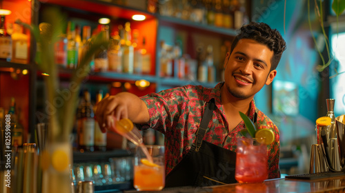 Young bartender pouring a drink  modern bar setting  vibrant atmosphere  colorful cocktail.
