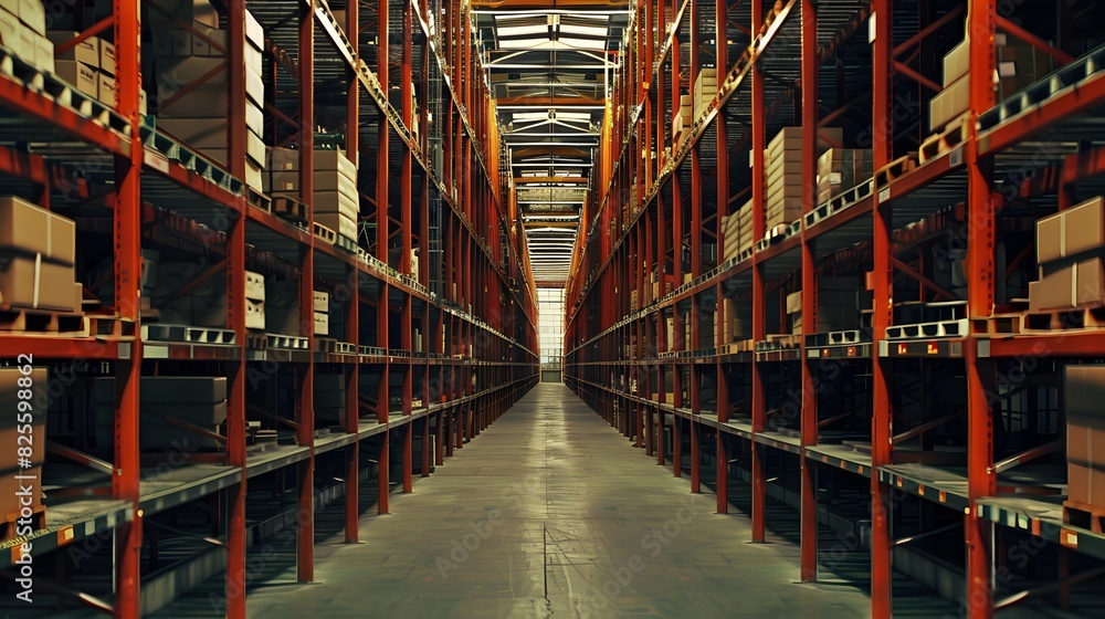 Fototapeta premium A large warehouse with rows of shelves.