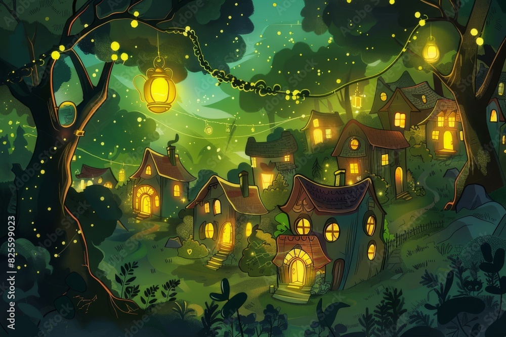 Enchanted Forest Village Lit by Lanterns Enchanted Forest Village Lit by Lanterns