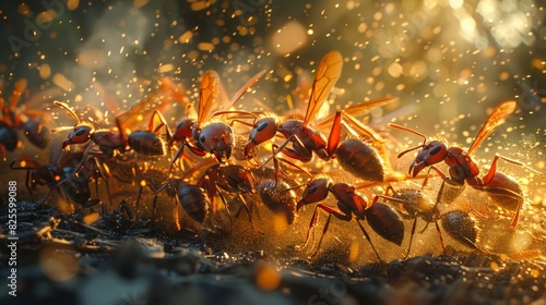 Close-up of ants working together in a group, illuminated by golden sunlight, showcasing teamwork and nature's beauty in a captivating scene.