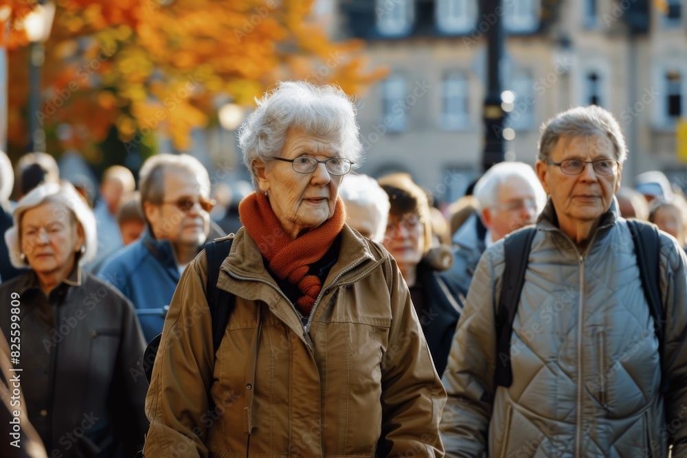 Elderly man in glasses walking on the street in autumn. Elderly man in glasses walking on the street in autumn.