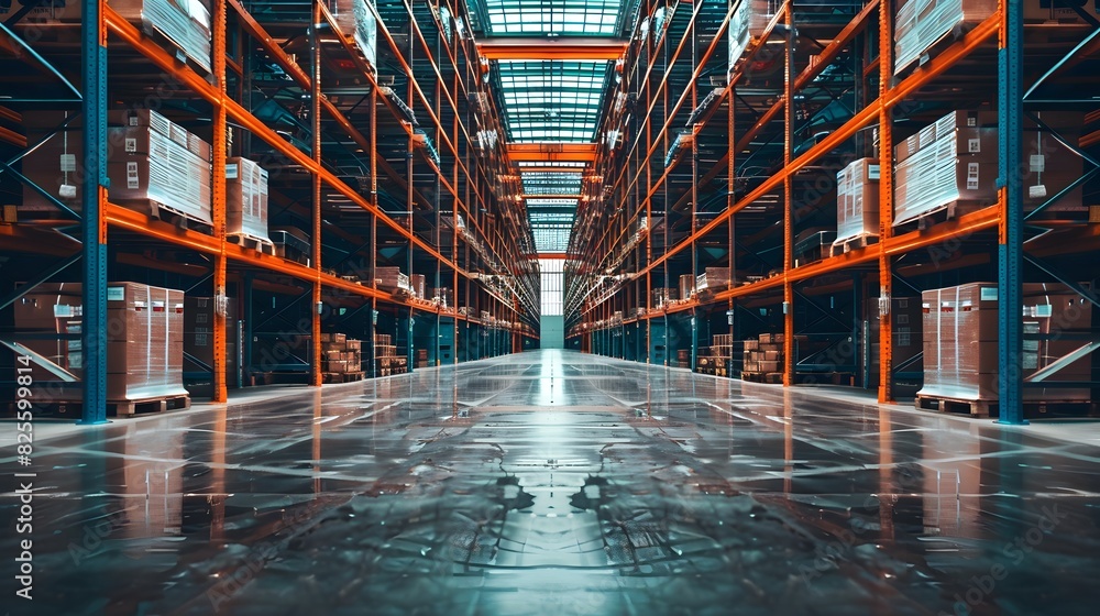 A large warehouse with rows of shelves. A large warehouse with rows of shelves.