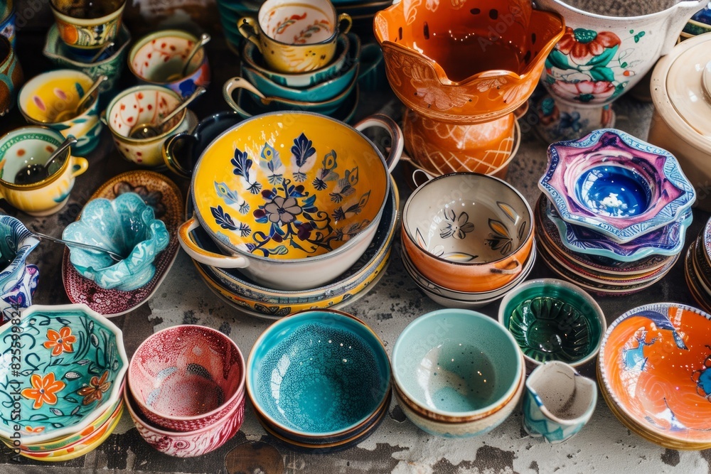Vibrant ceramic dishes and pottery with intricate designs on a tabletop