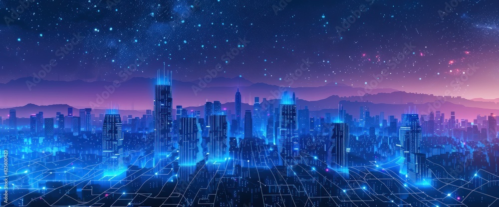 Digital technology scene with a cyberpunk city background.