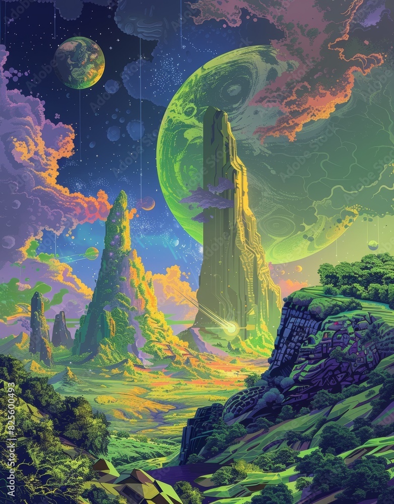 A colorful painting of a planet with a green tower in the middle