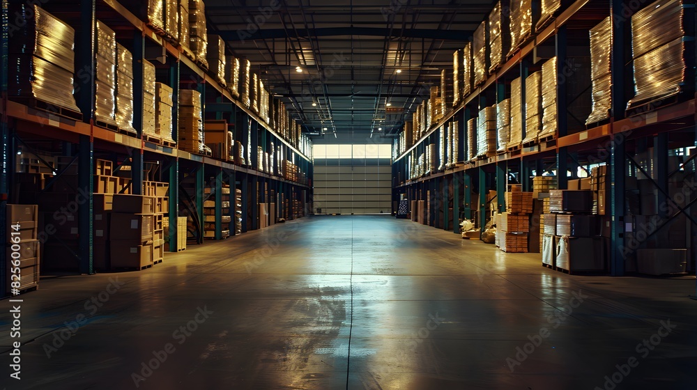 A large warehouse with rows of shelves. A large warehouse with rows of shelves.