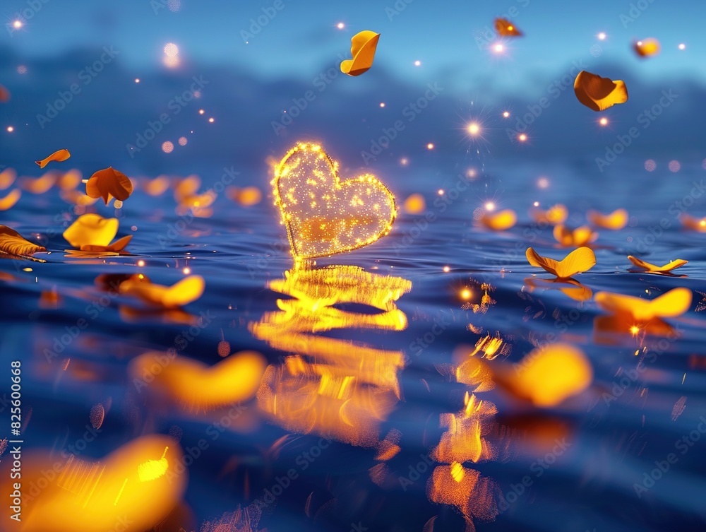 Heart-Shaped Golden Light Floating in the Air with Rose Petals Falling on the Sea. The Sea Reflects the Heart under a Starry Night Sky with Fluorescence. Realistic Shooting Capturing a Magical Scene. Heart-Shaped Golden Light Floating in the Air with Rose Petals Falling on the Sea. The Sea Reflects the Heart under a Starry Night Sky with Fluorescence. Realistic Shooting Capturing a Magical Scene.