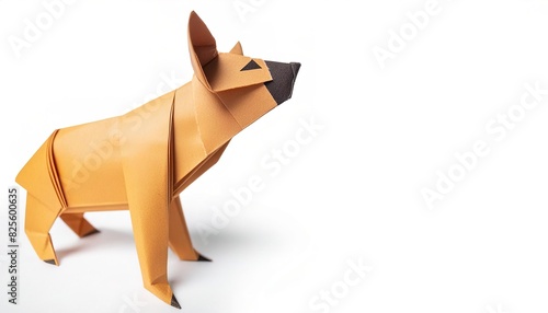 Animal concept origami isolated on white background of a laughing hyena - Crocuta crocuta - viewed as a cunning and deceptive, representing both positive and negative qualities   with copy space photo
