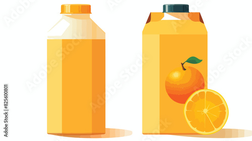 Realistic mockup of pack and box of orange juice. S