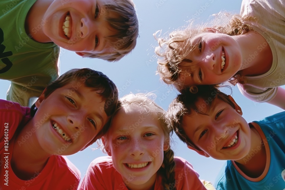 Group of happy kids smiling and looking at camera on blue sky background Group of happy kids smiling and looking at camera on blue sky background