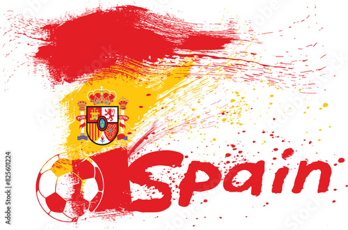 graphic design team Spain, Soccer ball on Spain flag background from paint brushes. Abstract flag of Spain. flag of Spain made of brush strokes.eps8