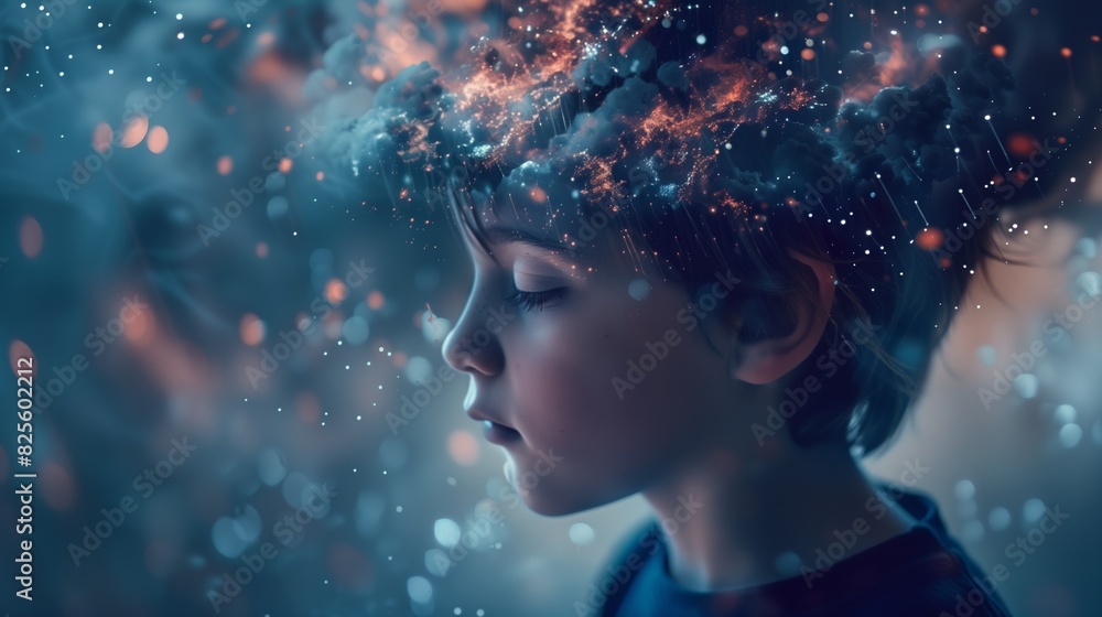 Neurodiversity concept. Neurodivergent boy studying struggling to adapt. Mental health awareness. Assistive Technology for Neurodiversity. Neurodiversity concept. Neurodivergent boy studying struggling to adapt. Mental health awareness. Assistive Technology for Neurodiversity.