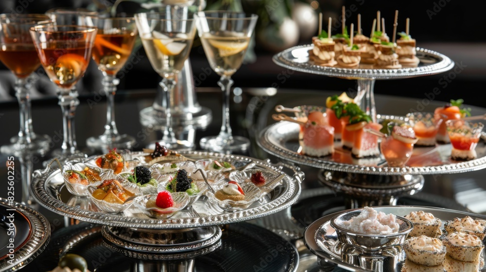 A luxurious spread of appetizers and cocktails on a silver platter, perfect for a celebration or special occasion. A luxurious spread of appetizers and cocktails on a silver platter, perfect for a celebration or special occasion.