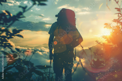 A lone hiker stands on a mountain peak, silhouetted against a vibrant sunrise. photo