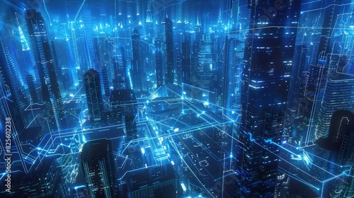 Futuristic urban landscape pulsating with the glow of blue lights.