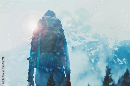 A lone hiker stands on a snowy mountain peak, silhouetted against a bright sunrise. The image evokes a sense of adventure and exploration.